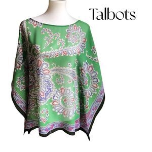 TALBOTS Green/Purple Paisley Poncho Boho Top Sz S/M EUC